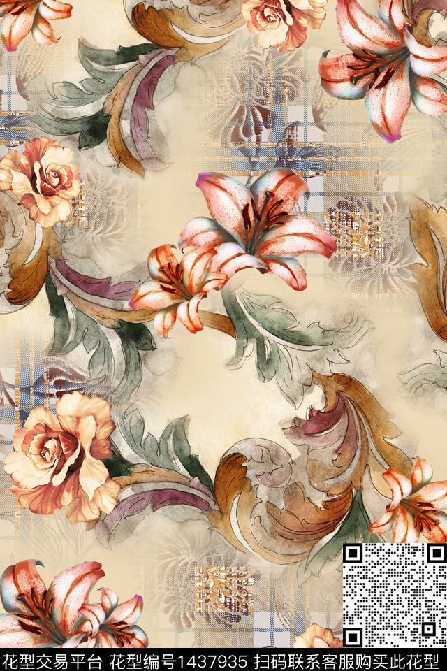 底纹花卉满版散花数码印花华亿平台下载（图片编号: 1437935） - 瓦栏（Walan）
