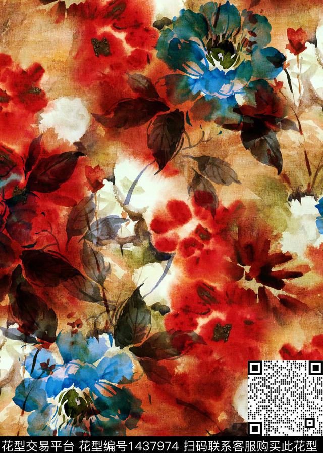 香云纱水彩花卉中老年数码印花华亿平台下载（图片编号: 1437974） - 瓦栏（Walan）