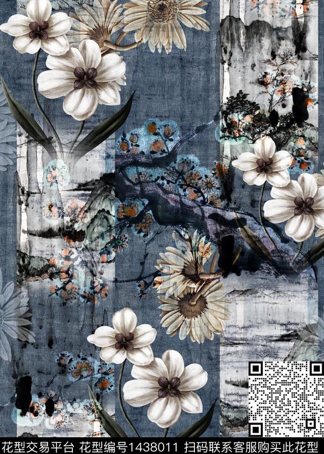梅花香云纱复古数码印花华亿平台下载（图片编号: 1438011） - 瓦栏（Walan）