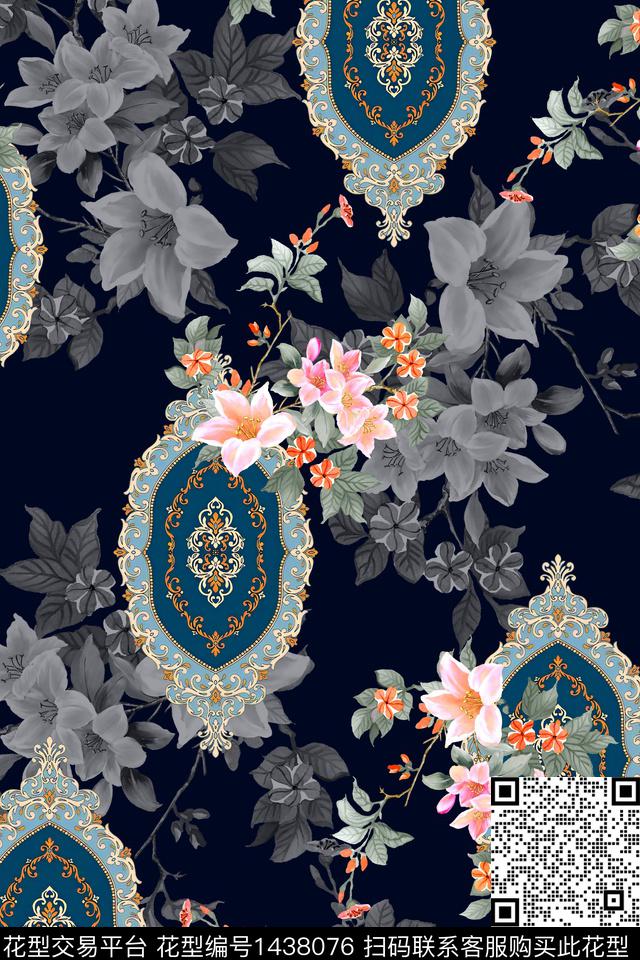 民族花卉传统纹样大牌风数码印花华亿平台下载（图片编号: 1438076） - 瓦栏（Walan）