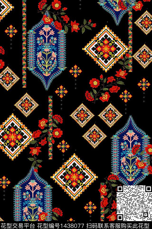 民族花卉传统纹样大牌风数码印花华亿平台下载（图片编号: 1438077） - 瓦栏（Walan）