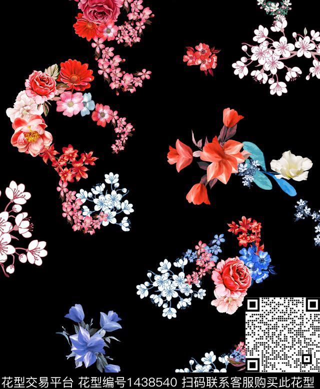 花卉手绘黑底花卉数码印花华亿平台下载（图片编号: 1438540） - 瓦栏（Walan）