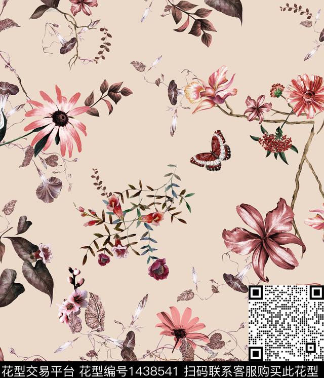 复古花卉蝴蝶数码印花华亿平台下载（图片编号: 1438541） - 瓦栏（Walan）