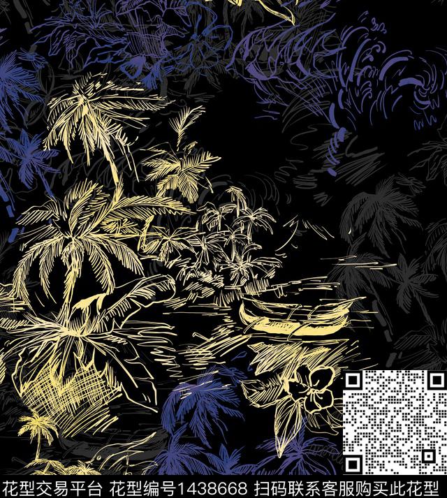 线条椰子树复古数码印花华亿平台下载（图片编号: 1438668） - 瓦栏（Walan）