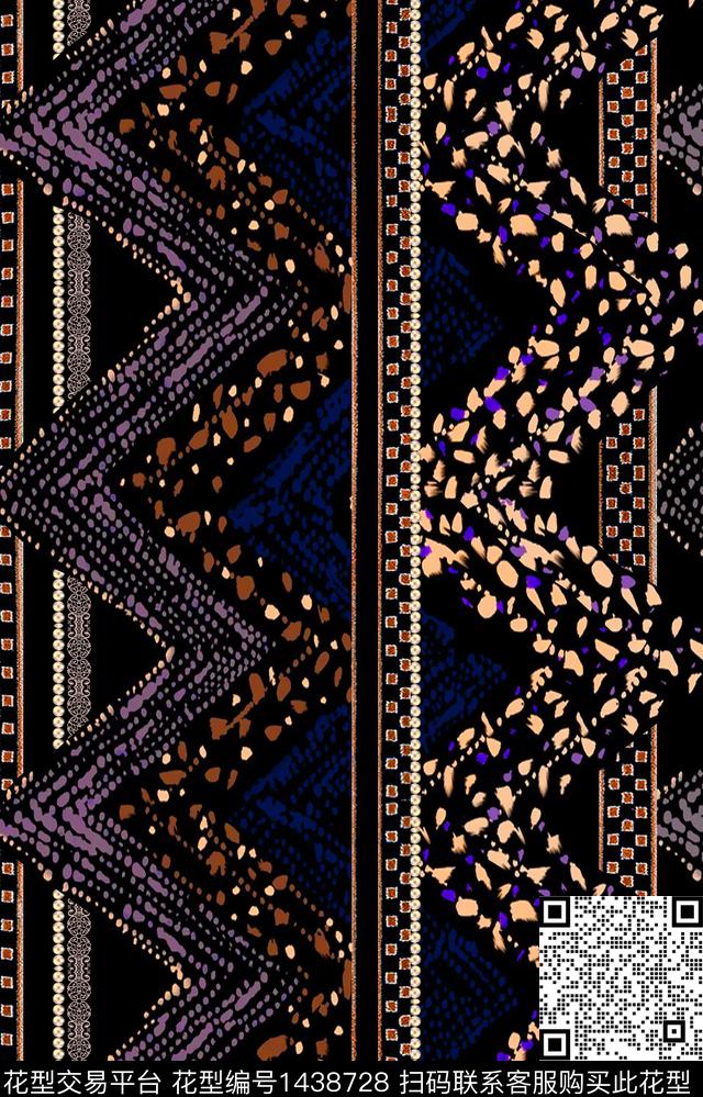黑底花卉几何大牌风数码印花华亿平台下载（图片编号: 1438728） - 瓦栏（Walan）