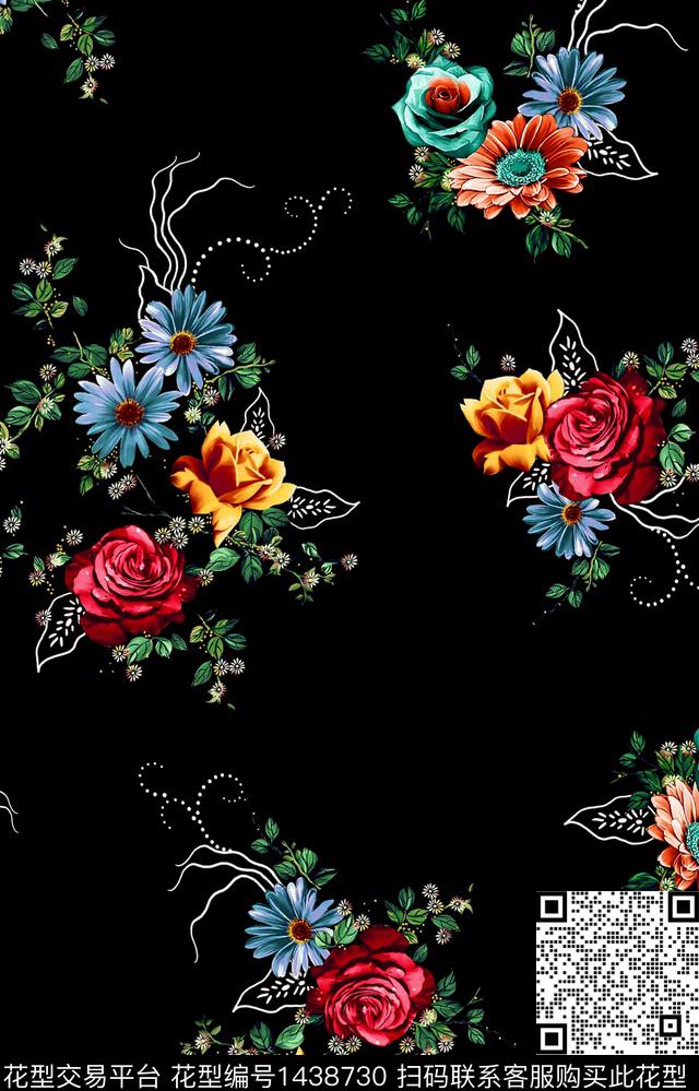 黑底花卉几何大牌风数码印花华亿平台下载（图片编号: 1438730） - 瓦栏（Walan）