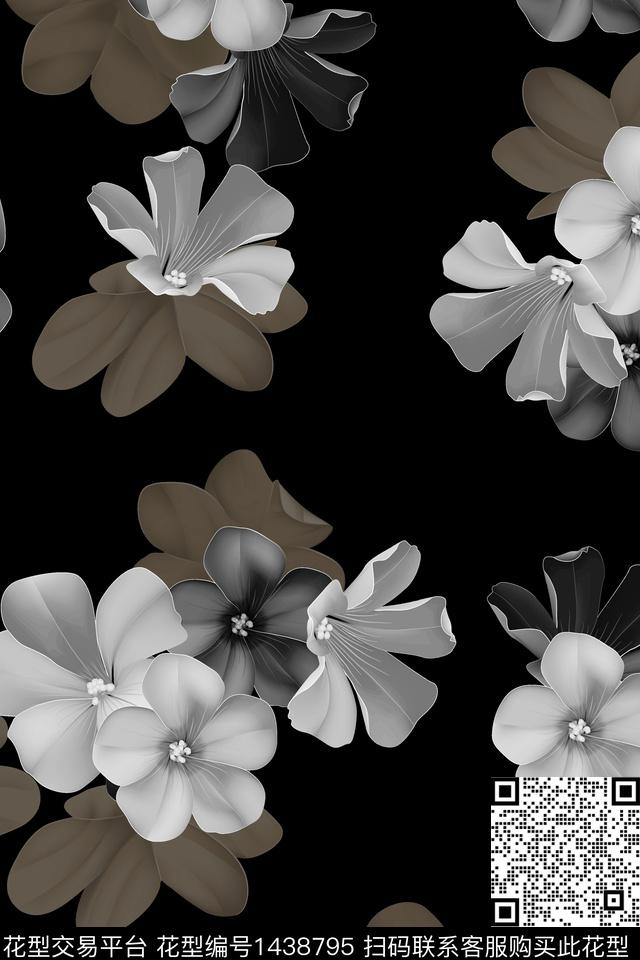 黑底花卉花卉大牌风数码印花华亿平台下载（图片编号: 1438795） - 瓦栏（Walan）