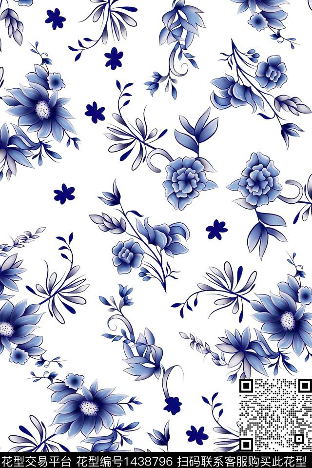 青花瓷清爽底花卉花卉数码印花华亿平台下载（图片编号: 1438796） - 瓦栏（Walan）