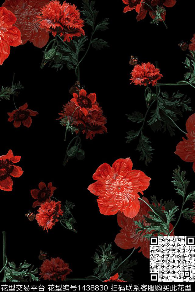 绿植树叶黑底花卉水彩传统印花华亿平台下载（图片编号: 1438830） - 瓦栏（Walan）