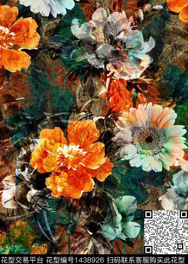 花卉香云纱大牌风数码印花华亿平台下载（图片编号: 1438926） - 瓦栏（Walan）