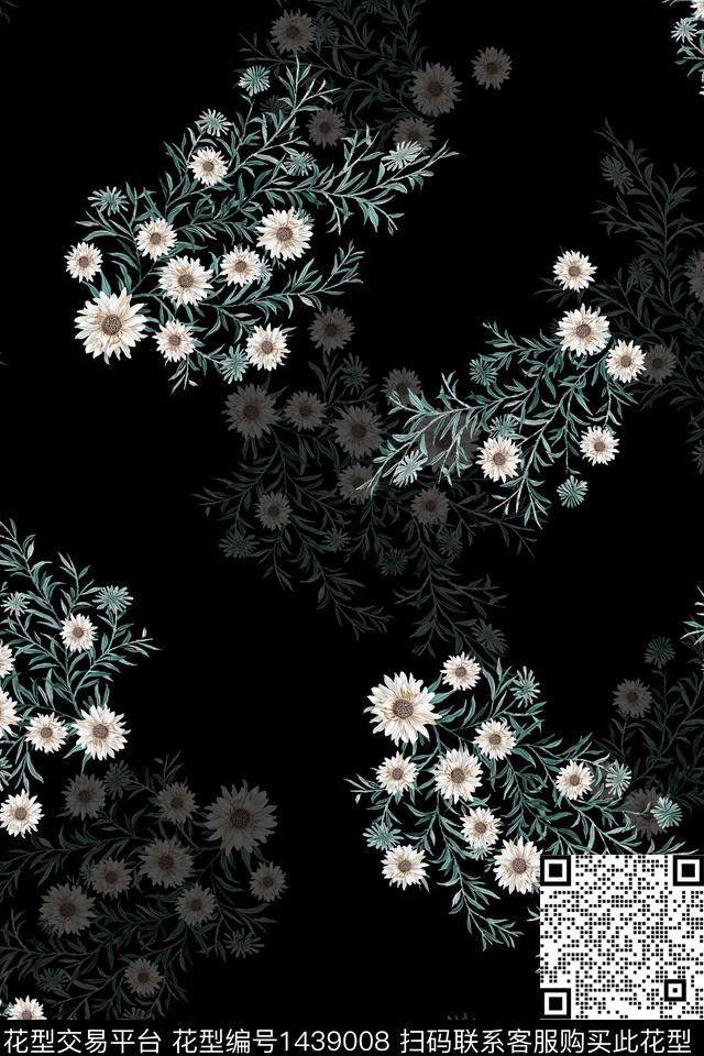黑底花卉清爽底花卉花卉数码印花华亿平台下载（图片编号: 1439008） - 瓦栏（Walan）