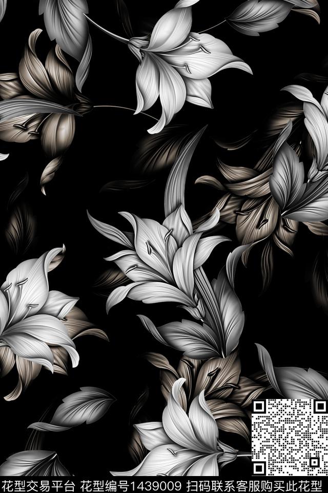 黑底花卉清爽底花卉花卉数码印花华亿平台下载（图片编号: 1439009） - 瓦栏（Walan）