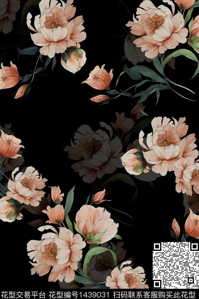 黑底花卉清爽底花卉花卉数码印花华亿平台下载（图片编号: 1439031） - 瓦栏（Walan）
