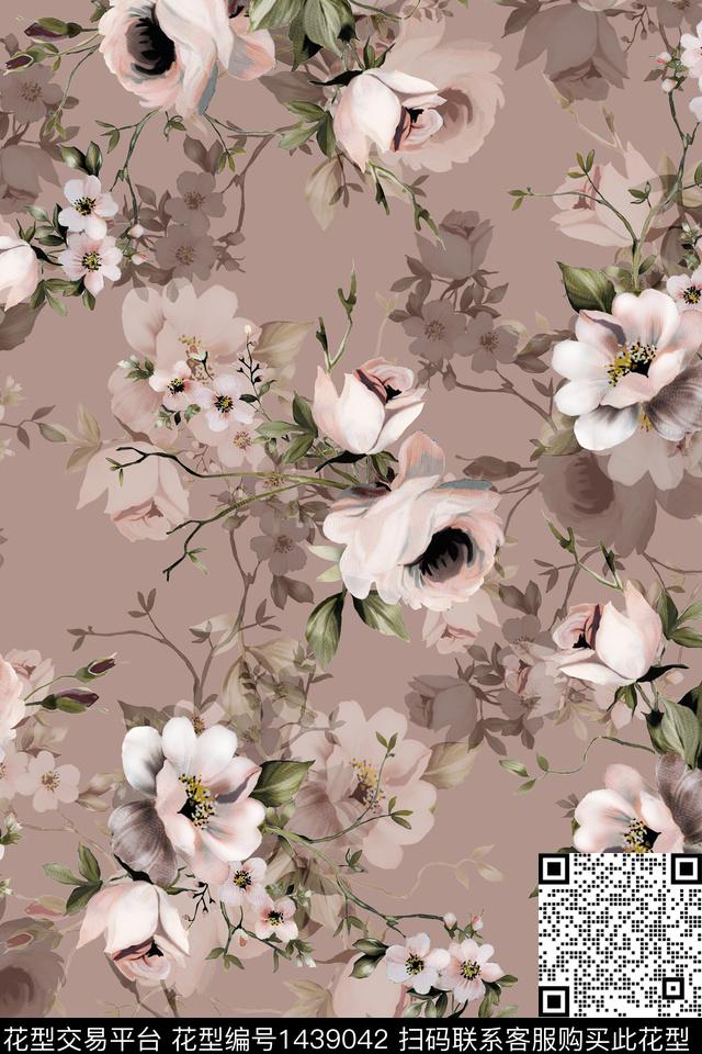 花卉香云纱大牌风数码印花华亿平台下载（图片编号: 1439042） - 瓦栏（Walan）