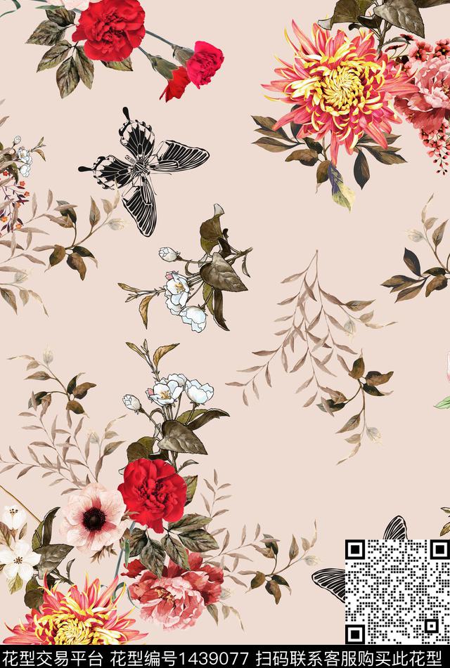 花卉蝴蝶米色底数码印花华亿平台下载（图片编号: 1439077） - 瓦栏（Walan）
