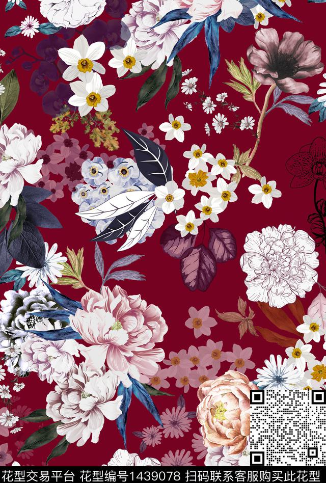 花卉满版散花酒红底数码印花华亿平台下载（图片编号: 1439078） - 瓦栏（Walan）