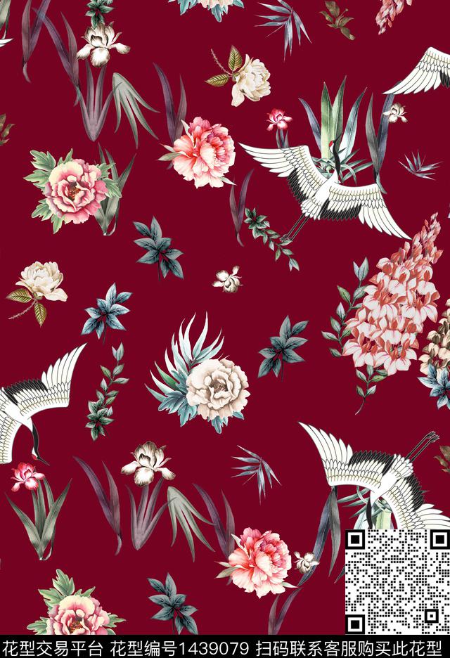花卉仙鹤酒红底数码印花华亿平台下载（图片编号: 1439079） - 瓦栏（Walan）