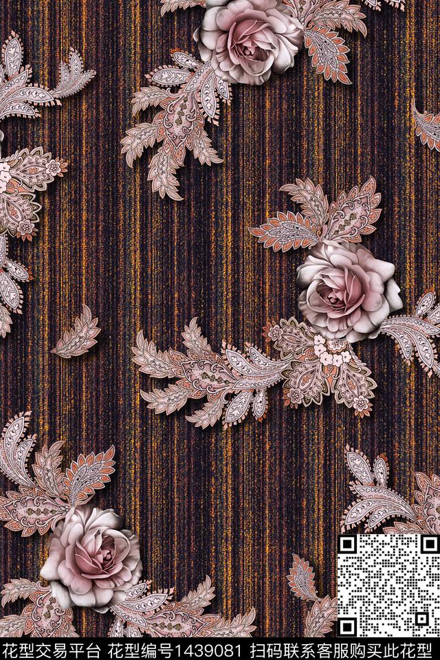 线条花卉花纹数码印花华亿平台下载（图片编号: 1439081） - 瓦栏（Walan）