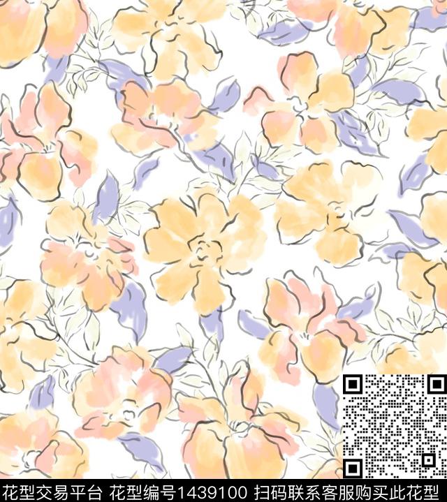 手绘花卉水彩花卉线描花卉数码印花华亿平台下载（图片编号: 1439100） - 瓦栏（Walan）