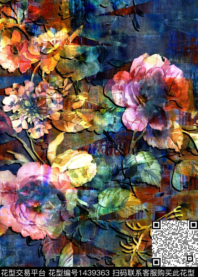 大牌风香云纱水彩花卉数码印花华亿平台下载（图片编号: 1439363） - 瓦栏（Walan）