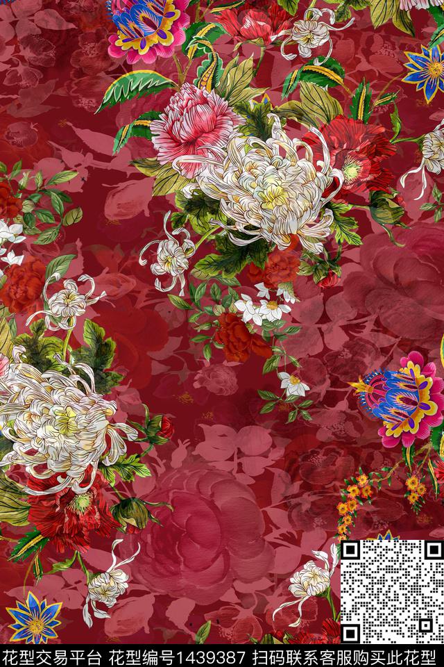 时尚花卉真丝数码印花华亿平台下载（图片编号: 1439387） - 瓦栏（Walan）