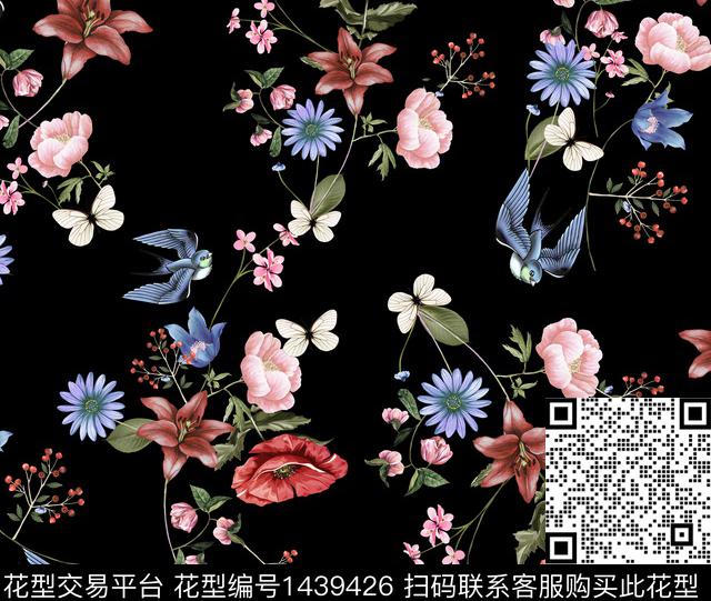 鸟花卉黑底花卉数码印花华亿平台下载（图片编号: 1439426） - 瓦栏（Walan）