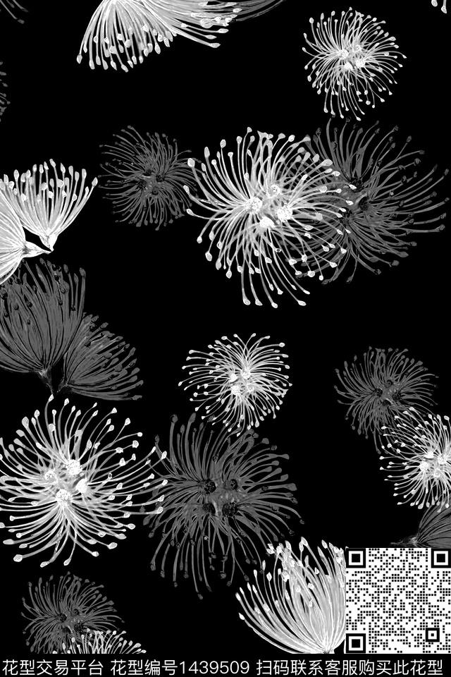 蒲公英黑底花卉花卉数码印花华亿平台下载（图片编号: 1439509） - 瓦栏（Walan）