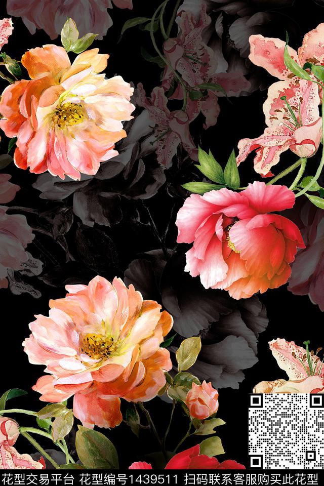 黑底花卉清爽底花卉花卉数码印花华亿平台下载（图片编号: 1439511） - 瓦栏（Walan）