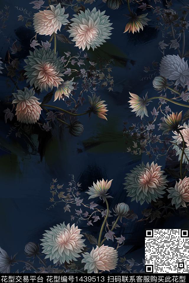 黑底花卉花卉香云纱数码印花华亿平台下载（图片编号: 1439513） - 瓦栏（Walan）