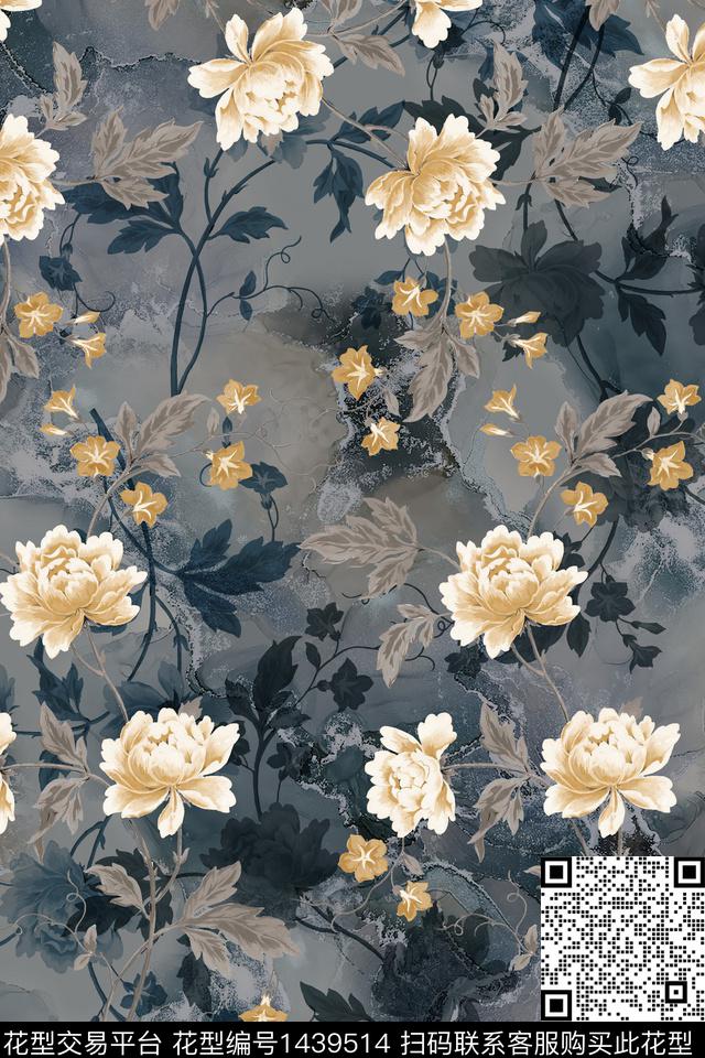 黑底花卉花卉香云纱数码印花华亿平台下载（图片编号: 1439514） - 瓦栏（Walan）