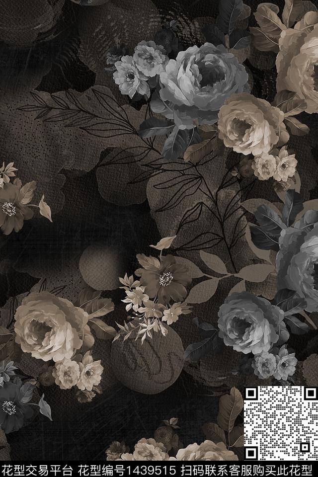 黑底花卉花卉大牌风数码印花华亿平台下载（图片编号: 1439515） - 瓦栏（Walan）