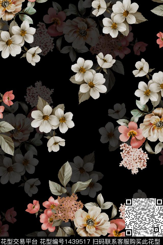 黑底花卉清爽底花卉花卉数码印花华亿平台下载（图片编号: 1439517） - 瓦栏（Walan）