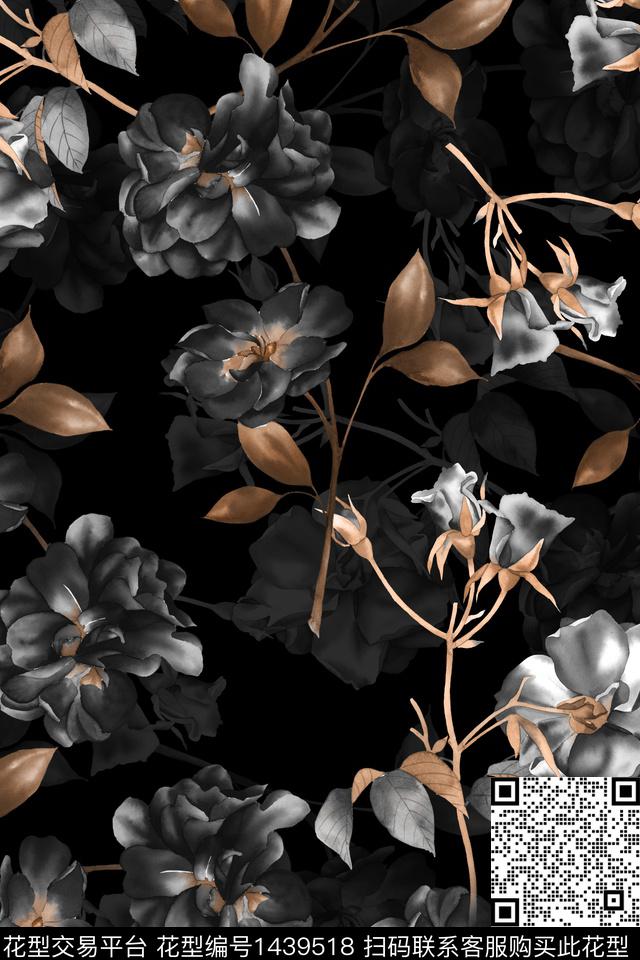 黑底花卉花卉大牌风数码印花华亿平台下载（图片编号: 1439518） - 瓦栏（Walan）