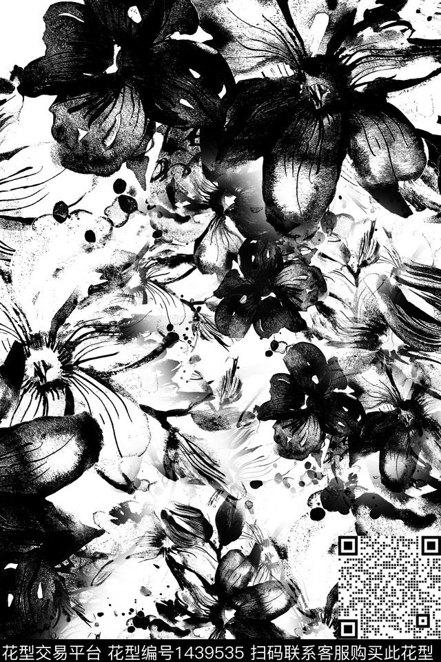 黑白华亿平台抽象花卉花卉数码印花华亿平台下载（图片编号: 1439535） - 瓦栏（Walan）