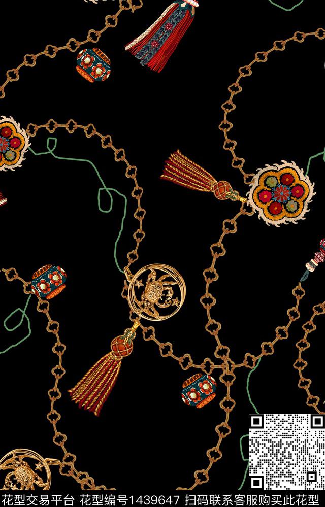 黑底花卉几何大牌风数码印花华亿平台下载（图片编号: 1439647） - 瓦栏（Walan）