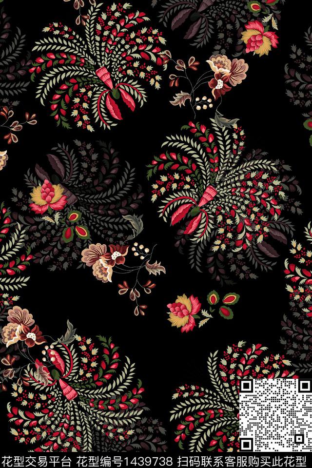 黑底花卉佩斯利大牌风数码印花华亿平台下载（图片编号: 1439738） - 瓦栏（Walan）