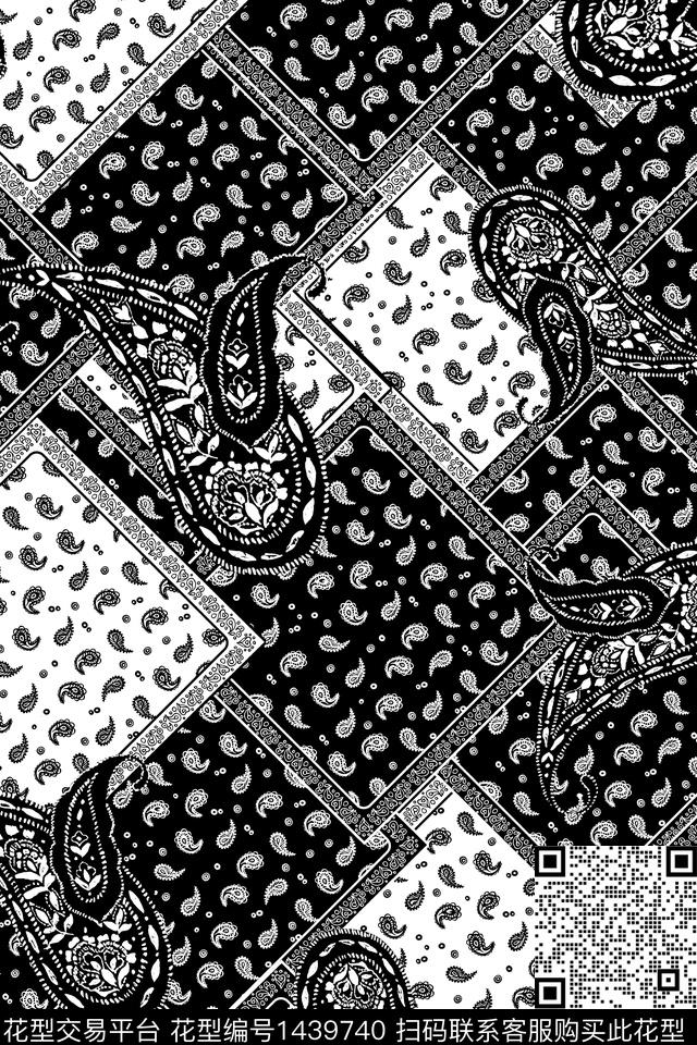 黑底花卉民族风佩斯利数码印花华亿平台下载（图片编号: 1439740） - 瓦栏（Walan）