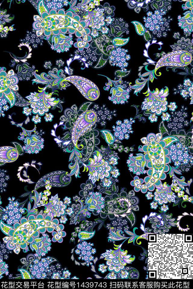 黑底花卉民族风佩斯利数码印花华亿平台下载（图片编号: 1439743） - 瓦栏（Walan）