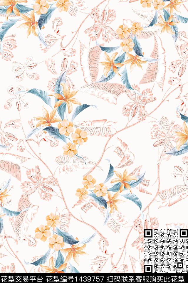 绿植树叶水彩雪纺数码印花华亿平台下载（图片编号: 1439757） - 瓦栏（Walan）
