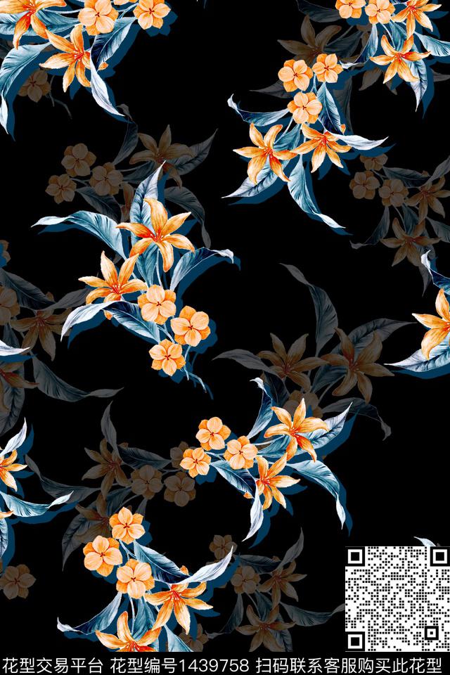 绿植树叶黑底花卉水彩数码印花华亿平台下载（图片编号: 1439758） - 瓦栏（Walan）