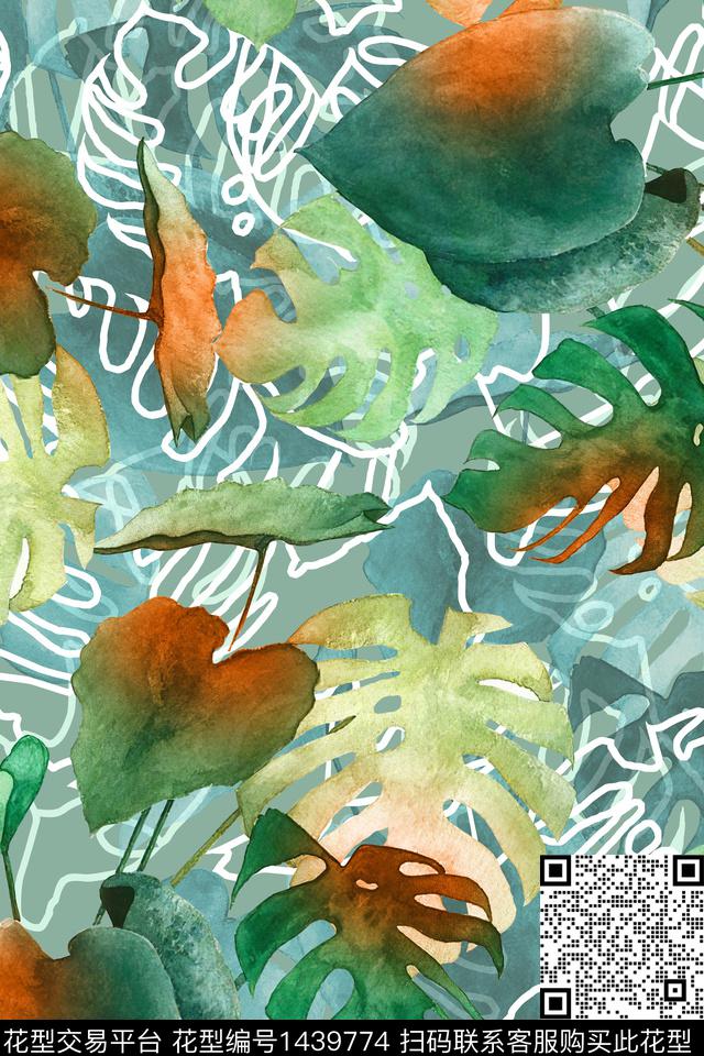 绿植树叶水彩雪纺数码印花华亿平台下载（图片编号: 1439774） - 瓦栏（Walan）