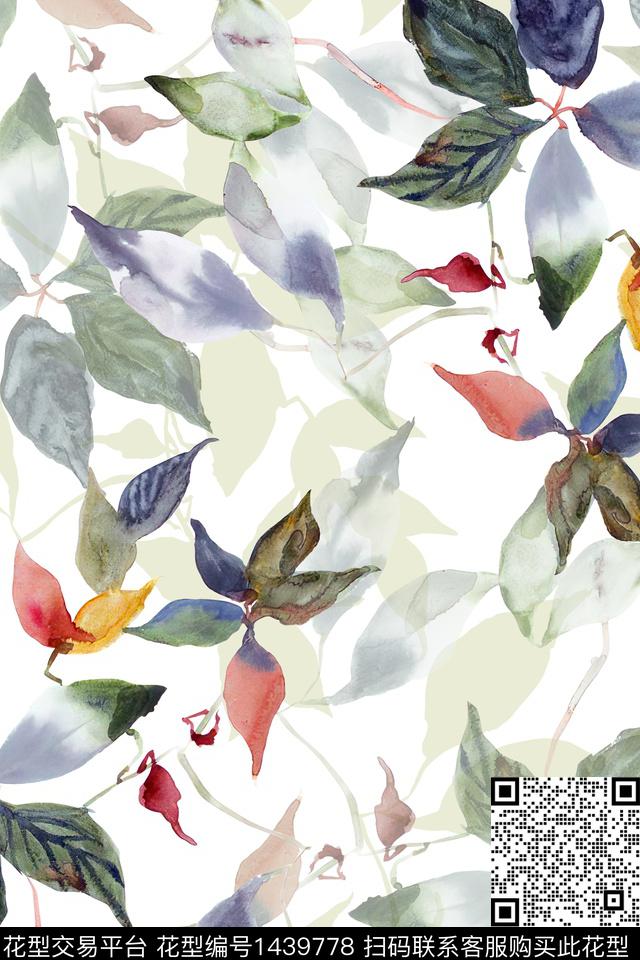 绿植树叶水彩雪纺数码印花华亿平台下载（图片编号: 1439778） - 瓦栏（Walan）