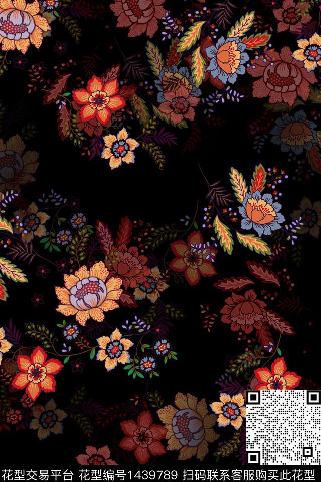 黑底花卉水彩大牌风数码印花华亿平台下载（图片编号: 1439789） - 瓦栏（Walan）