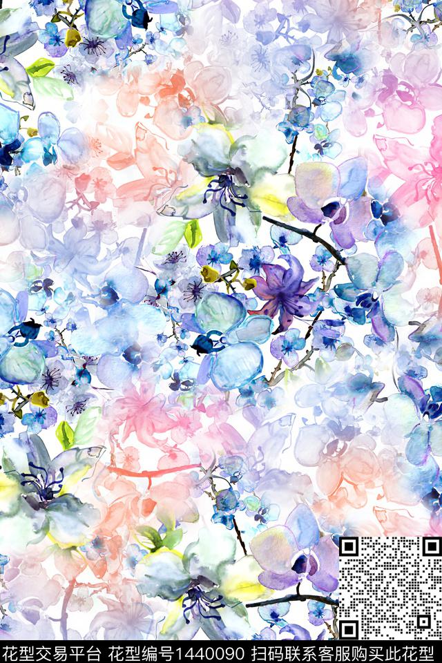 水彩肌理抽象花卉数码印花华亿平台下载（图片编号: 1440090） - 瓦栏（Walan）