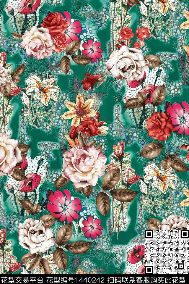 玫瑰花满版散花审数码印花华亿平台下载（图片编号: 1440242） - 瓦栏（Walan）