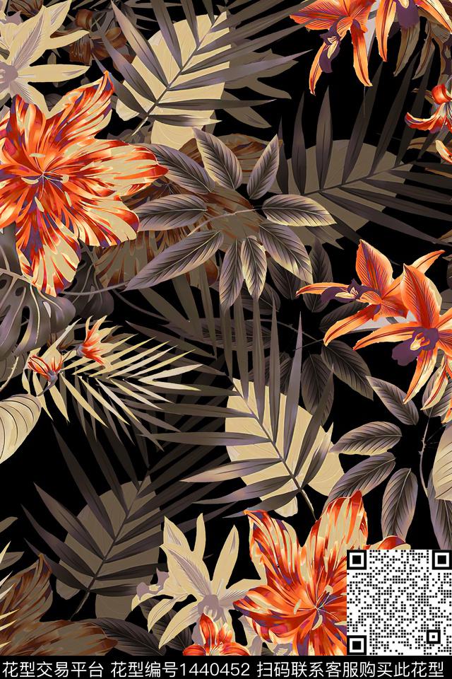 绿植树叶黑底花卉水彩数码印花华亿平台下载（图片编号: 1440452） - 瓦栏（Walan）