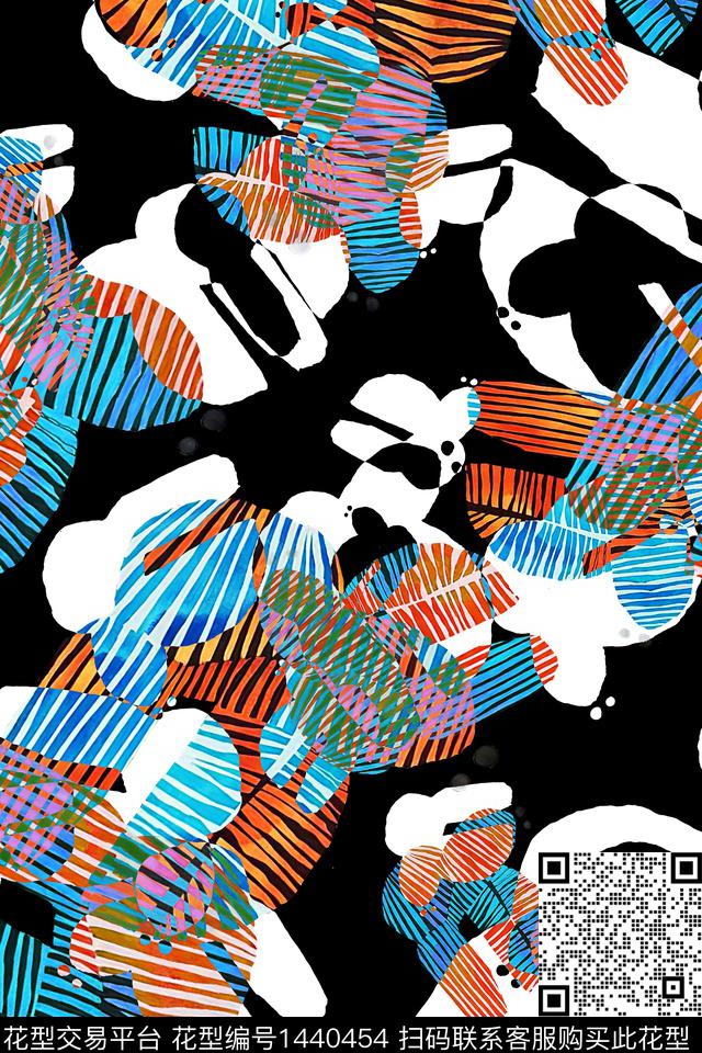 几何花卉黑底花卉水彩数码印花华亿平台下载（图片编号: 1440454） - 瓦栏（Walan）