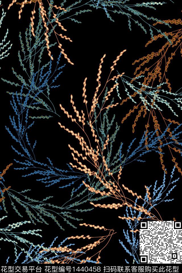 绿植树叶黑底花卉香云纱数码印花华亿平台下载（图片编号: 1440458） - 瓦栏（Walan）