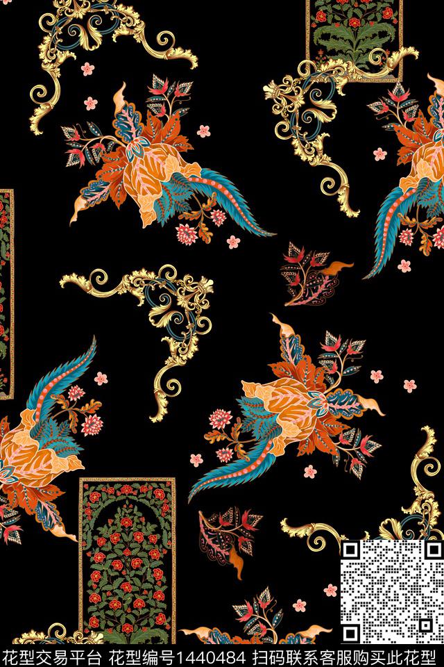 民族花卉黑底花卉佩斯利数码印花华亿平台下载（图片编号: 1440484） - 瓦栏（Walan）