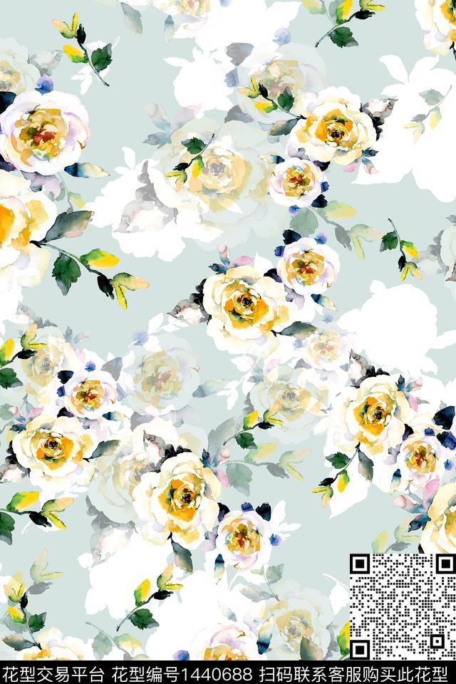 绿植树叶水彩复古数码印花华亿平台下载（图片编号: 1440688） - 瓦栏（Walan）